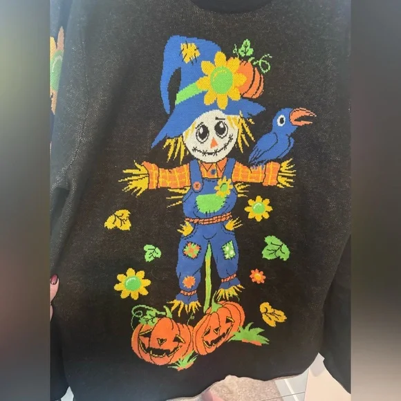 Black Trickz n’ Treatz Dolls Kill Scarecrow Autumn Halloween Harvest Sweater XL - Picture 3 of 7